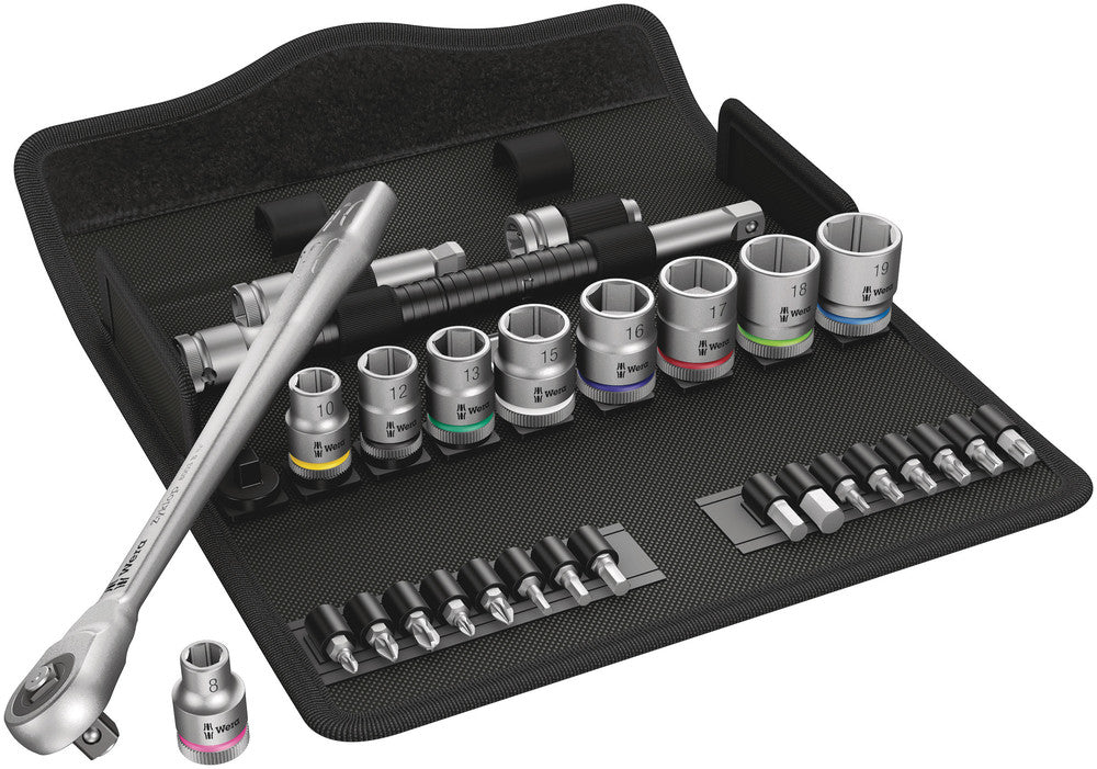 8100 SB 7 Zyklop Metal Ratchet Set with push-through square, 3/8" drive, metric